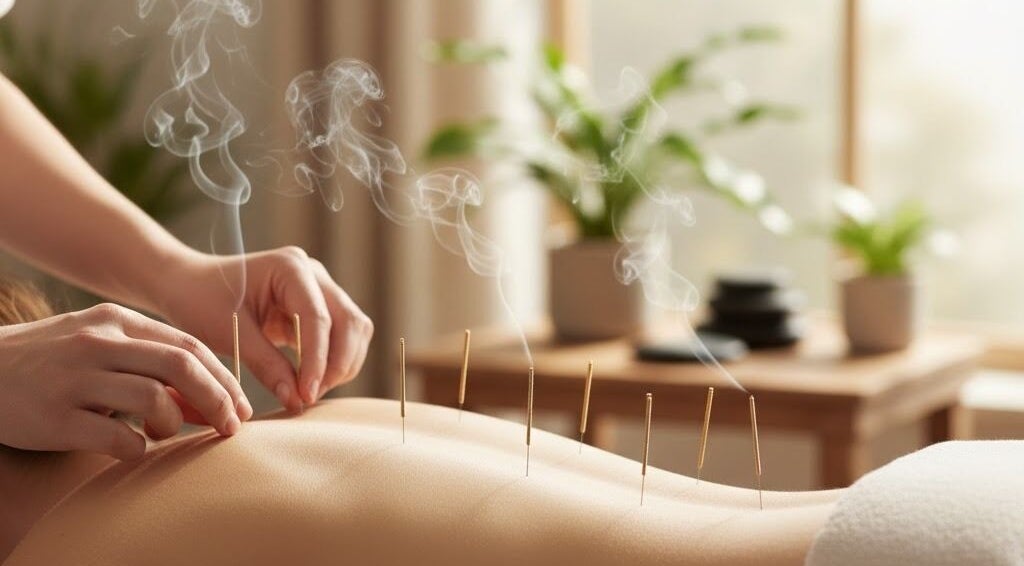 Relaxing acupuncture session at Crystal Conscious, Westbury-on-Severn, England, GB, promoting holistic wellness.