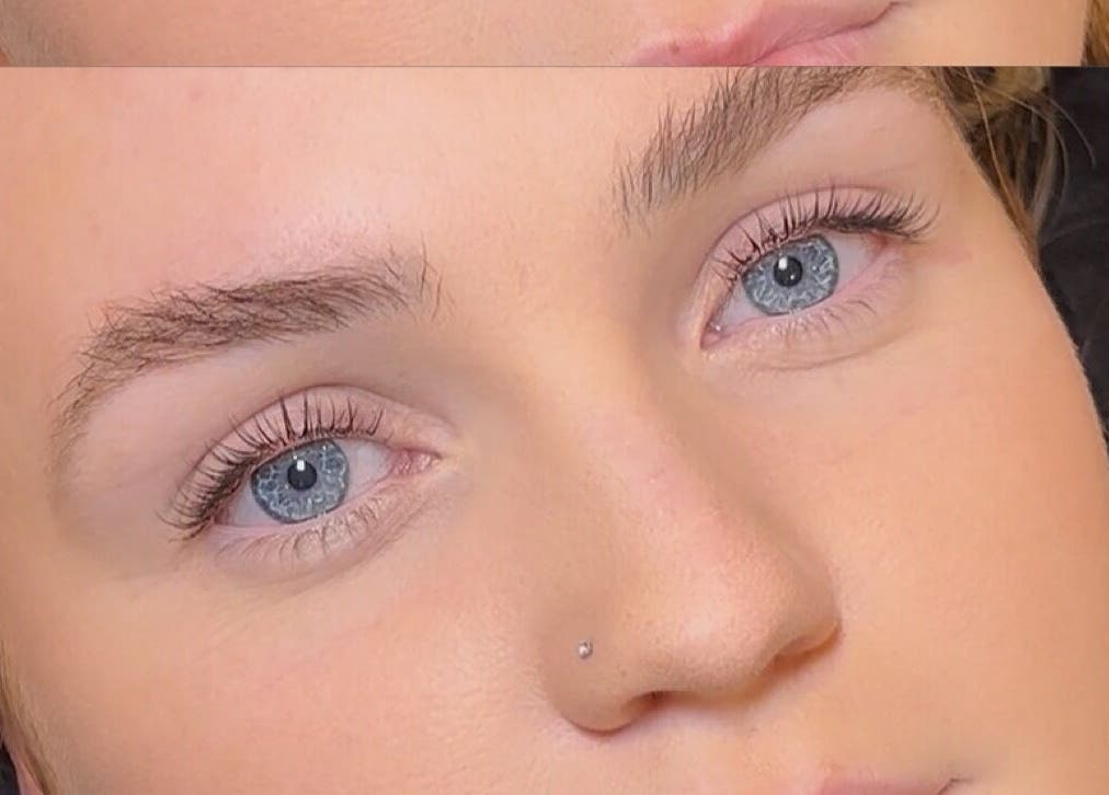 Close-up of blue eyes with styled lashes at Lash Empower by Courtney, Moulton, England, GB.