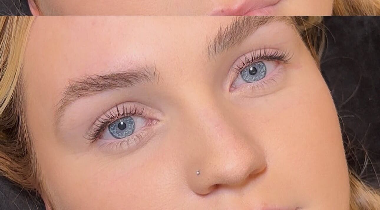 Close-up of blue eyes with styled lashes at Lash Empower by Courtney, Moulton, England, GB.