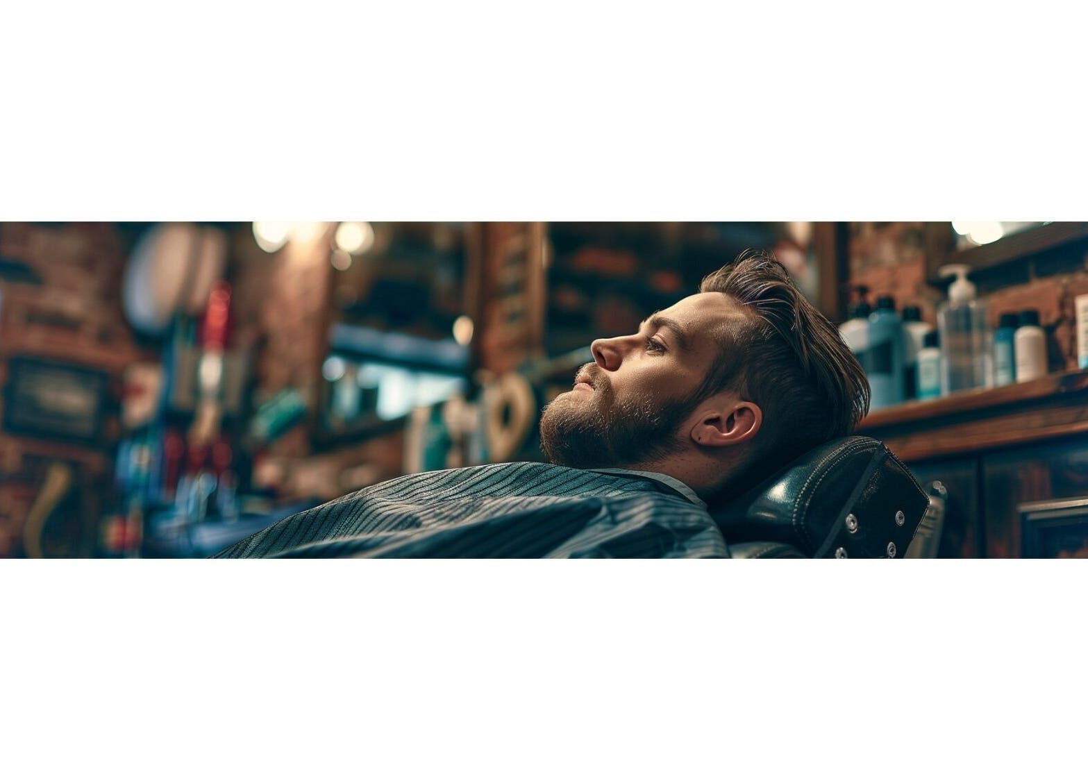 Hombre relajado en Rock Barber Club, Surquillo, Provincia De Lima, PE, listo para un corte de cabello.