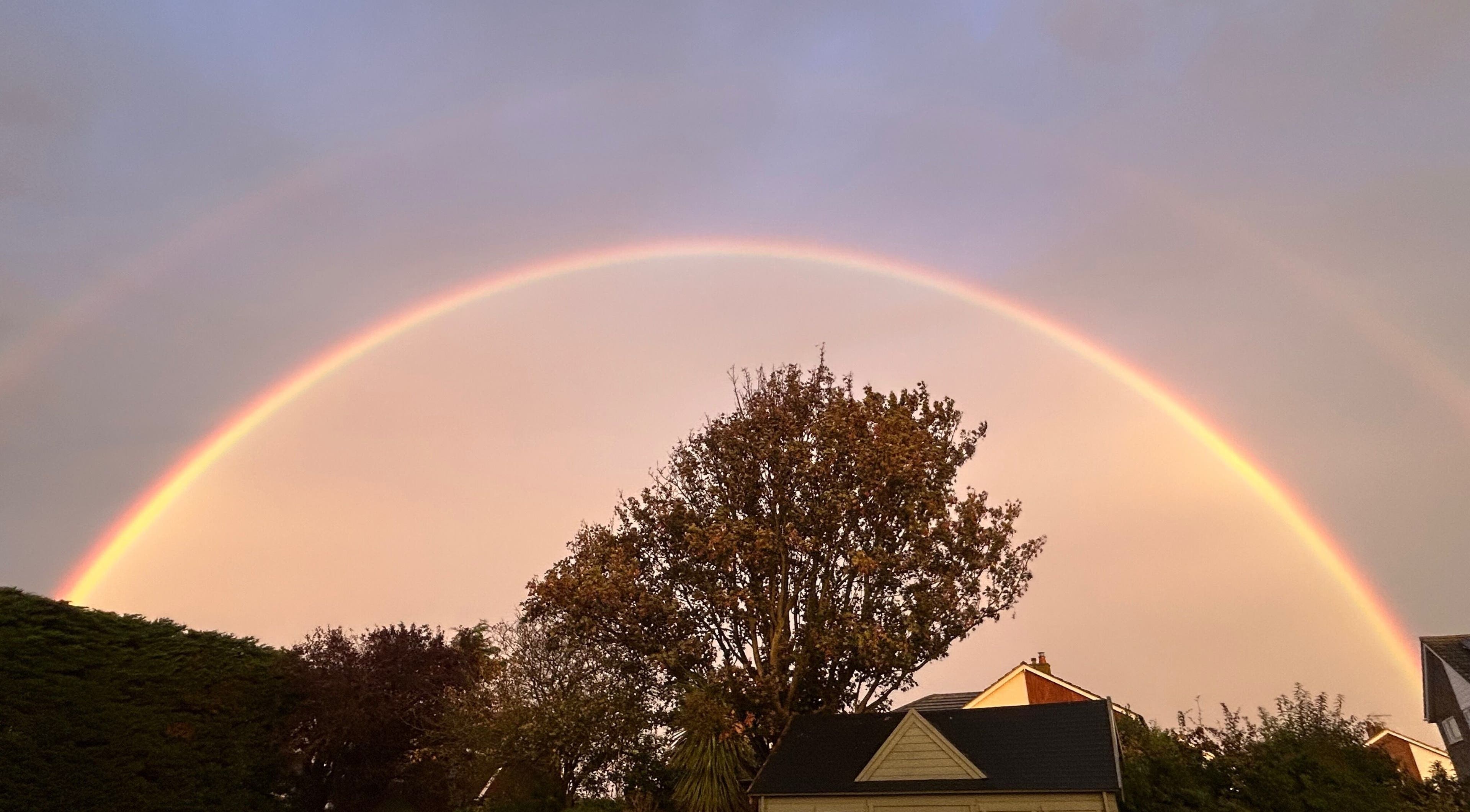 Vivid rainbow arches over trees at saltbrowstudio, Birchington-on-Sea, England, GB.