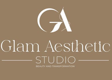 Elegant logo of Glam Aesthetic Studio in London, England, GB on a taupe background.