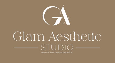 Elegant logo of Glam Aesthetic Studio in London, England, GB on a taupe background.