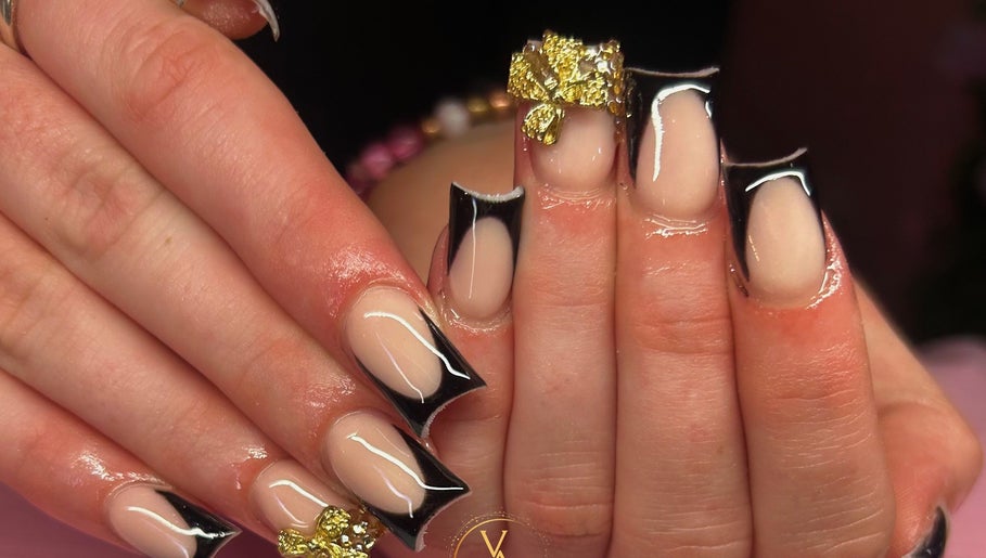 Elegant nail art with gold accents at Velour Ambition, Christchurch, Canterbury Region, NZ.