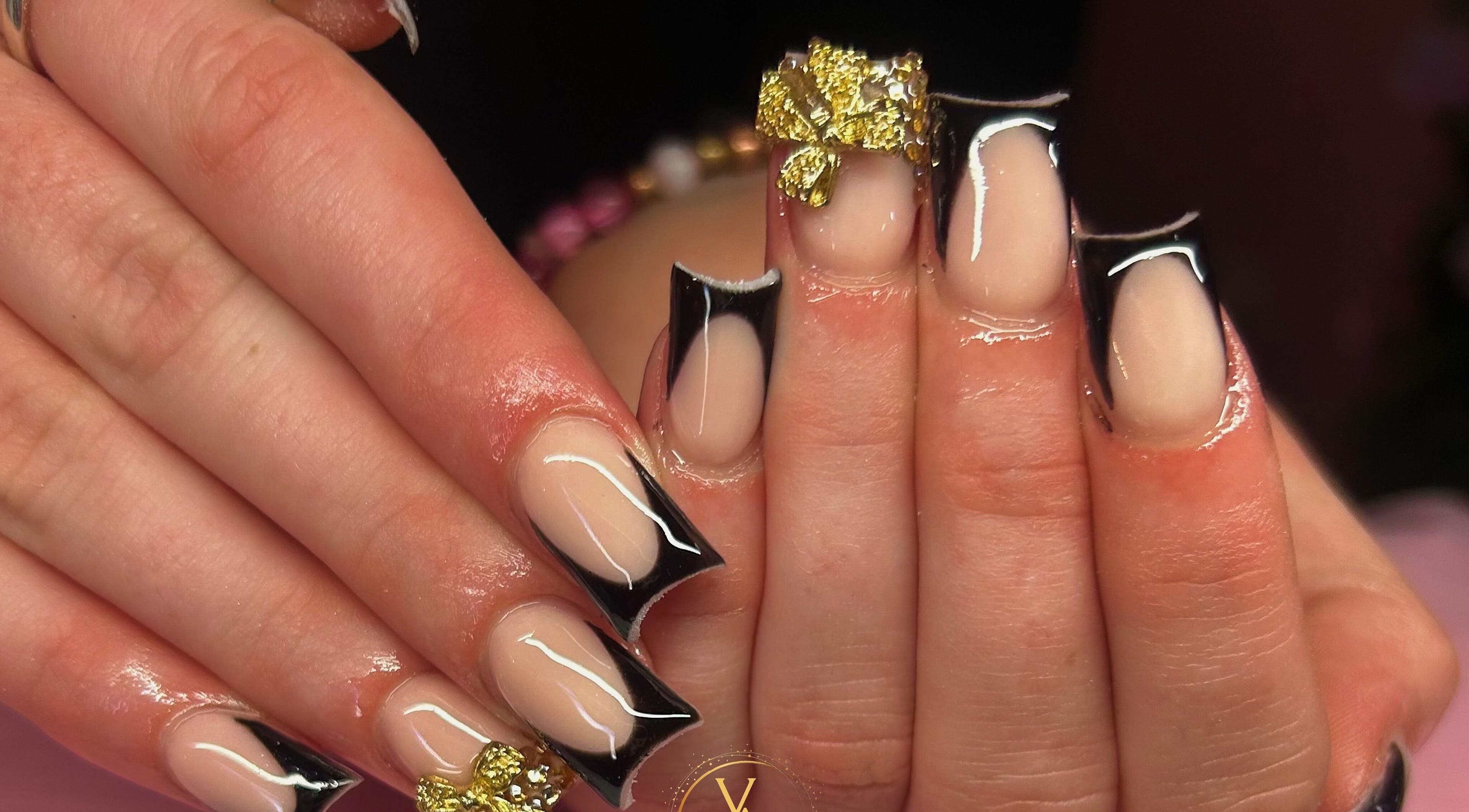 Elegant nail art with gold accents at Velour Ambition, Christchurch, Canterbury Region, NZ.