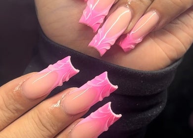 Stylish pink acrylic nails at Velour Ambition, Christchurch, Canterbury Region, NZ.