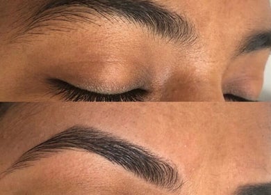Eyebrow shaping before and after at Brow Art 23, Reisterstown, Maryland, US showcasing natural finish.