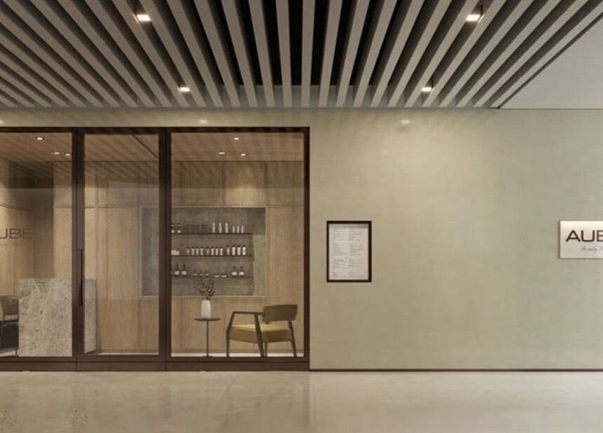 Entrance of AUBE Clarke Quay Central beauty salon, Singapore, SG with sleek interior design.