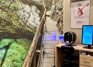 Modern work desk at Basiliah Beauty Salon Tan Can, Pretoria, Gauteng, ZA with nature-themed wall art.