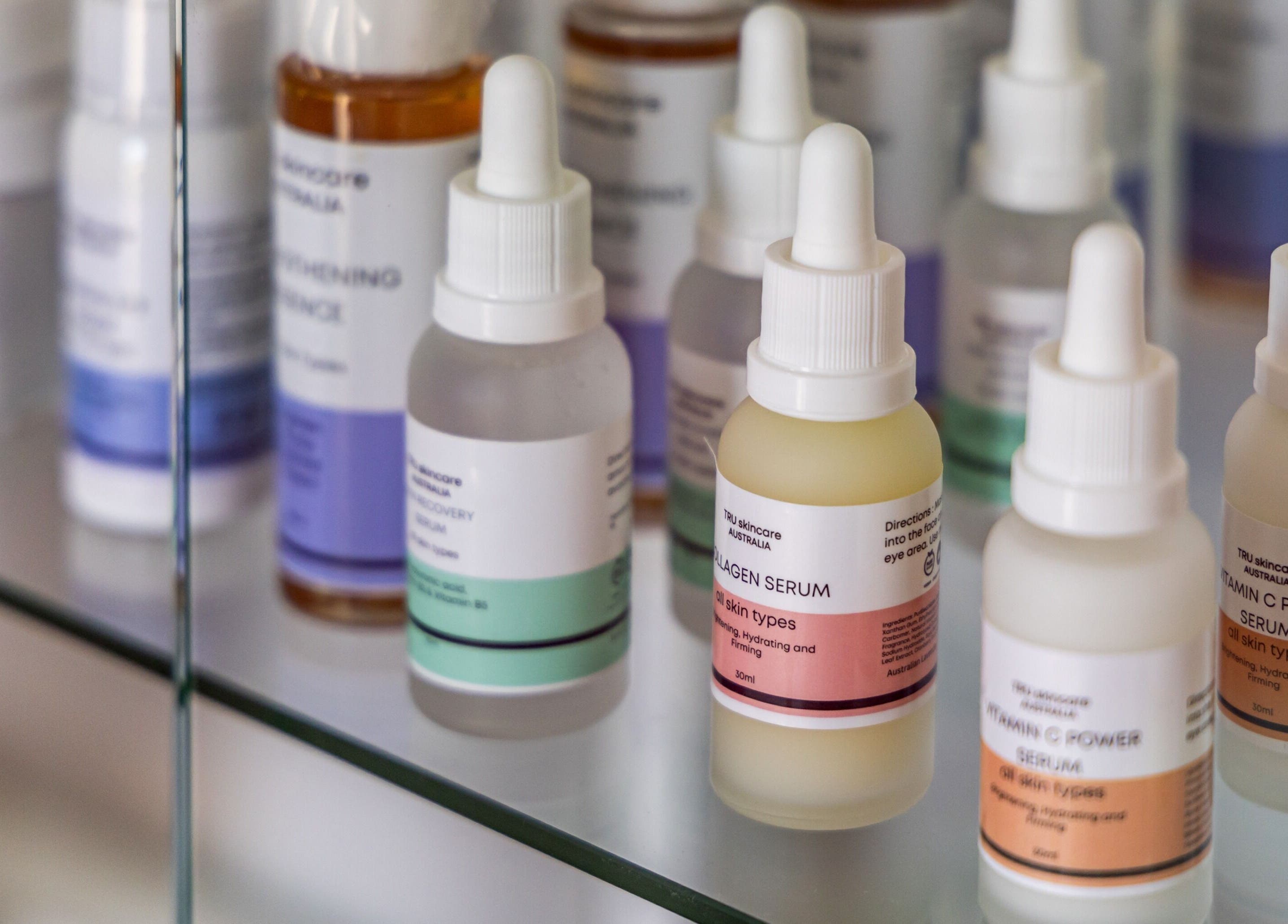 A variety of skincare serums at Blossom Remedial Therapist, Melbourne, Victoria, AU.