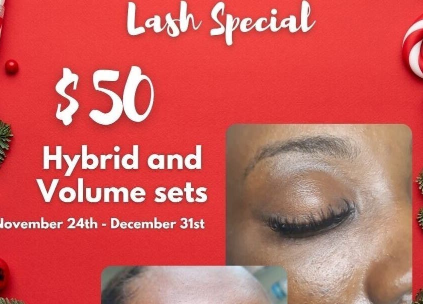 Special offer on hybrid and volume lash sets at SoftLux Lash Lounge, Belair, Saint Philip, BB. Holiday theme.