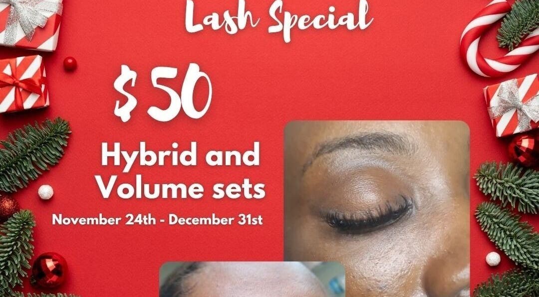 Special offer on hybrid and volume lash sets at SoftLux Lash Lounge, Belair, Saint Philip, BB. Holiday theme.