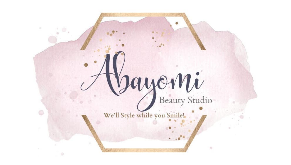 Abayomi Beauty Studio logo with elegant script on pink watercolor background, Willemstad, Curaçao, CW.