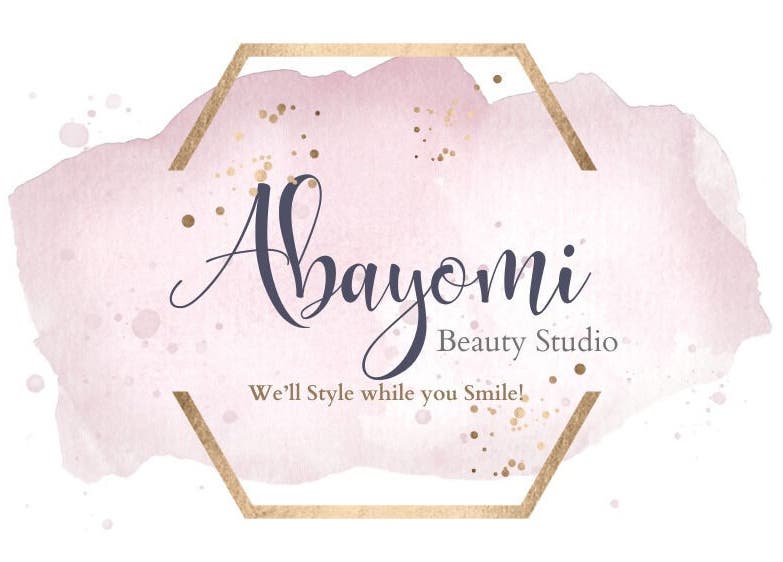 Abayomi Beauty Studio logo with elegant script on pink watercolor background, Willemstad, Curaçao, CW.