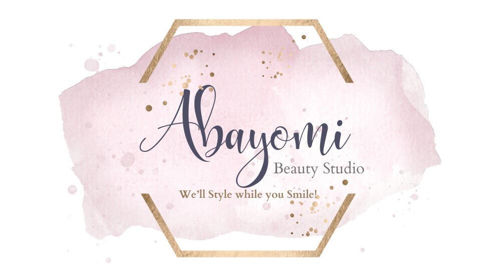 Abayomi Beauty Studio logo with elegant script on pink watercolor background, Willemstad, Curaçao, CW.
