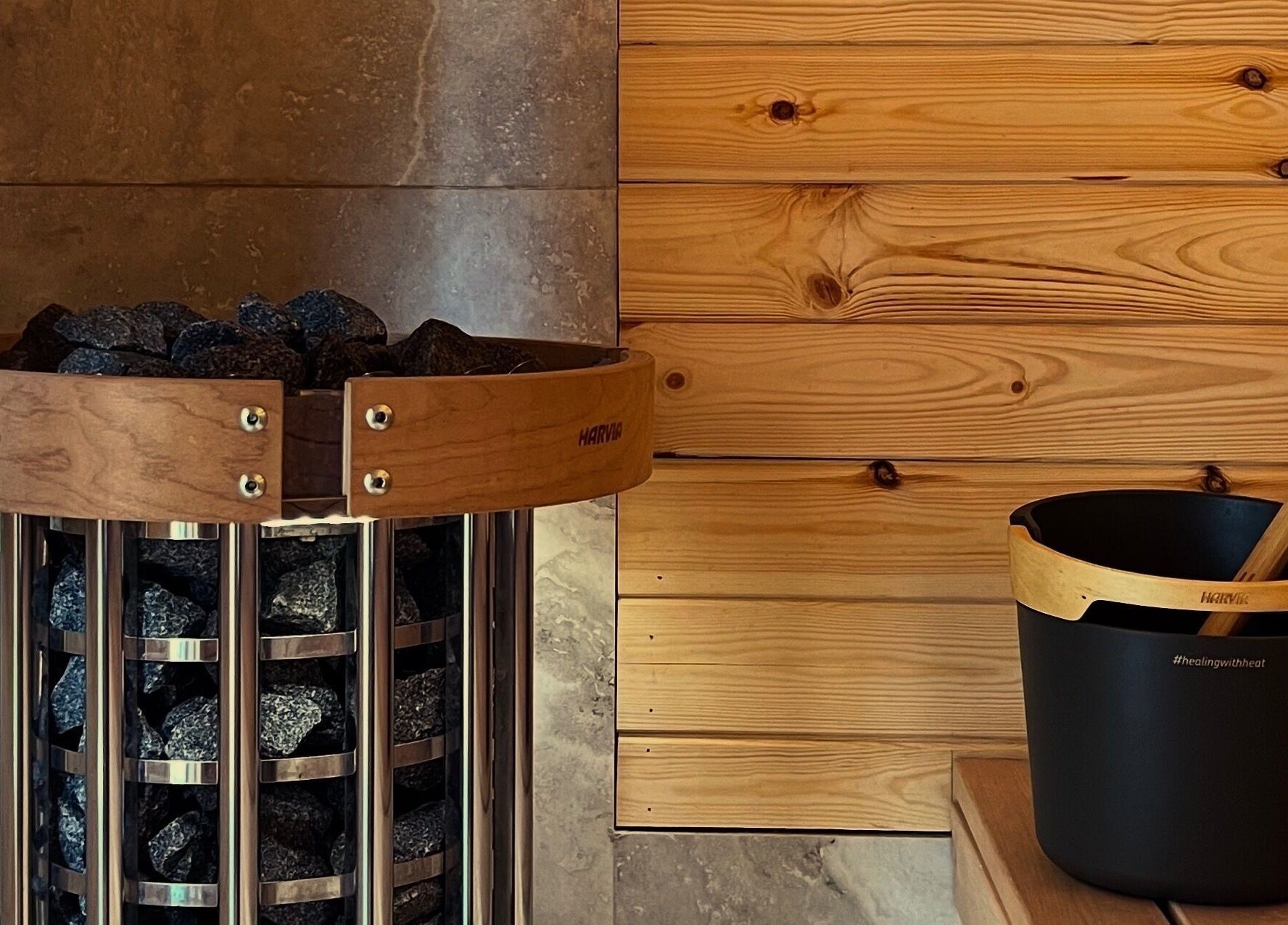 Luxurious interior of Phoenix Burning Sauna with wooden walls in London, England, GB.