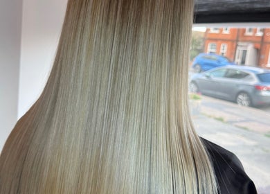 Smooth blonde hairstyle at Beautiful Day Hair by Laila Day, Felixstowe, England, GB.