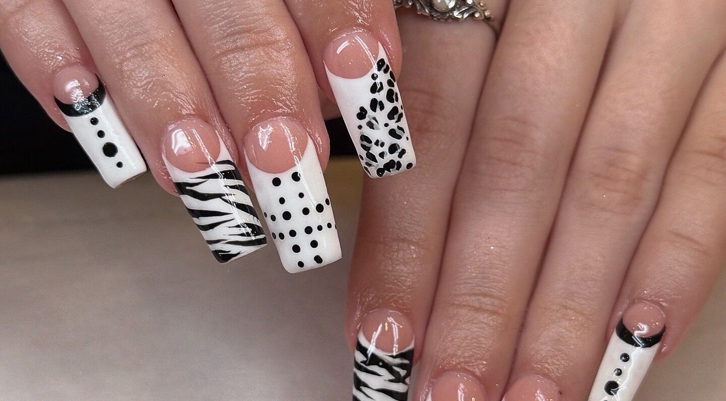 Stylish black and white nail art at Ae Beauty Studios, Edinburgh, Scotland, GB.