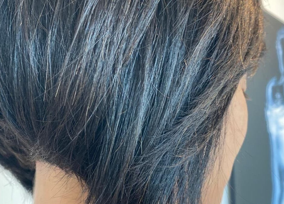 Coiffure élégante chez Karima Signature.ca à Montréal, Québec, CA, mettant en valeur des cheveux noirs brillants.