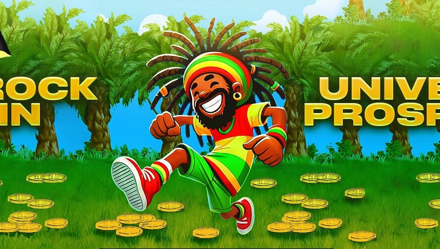 Colorful cartoon character dancing with coins and palm trees in background at Rapture Cutz, Vestavia Hills, Alabama, US.