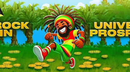 Colorful cartoon figure dancing amidst palm trees and coins at Rapture Cutz, Vestavia Hills, Alabama, US.