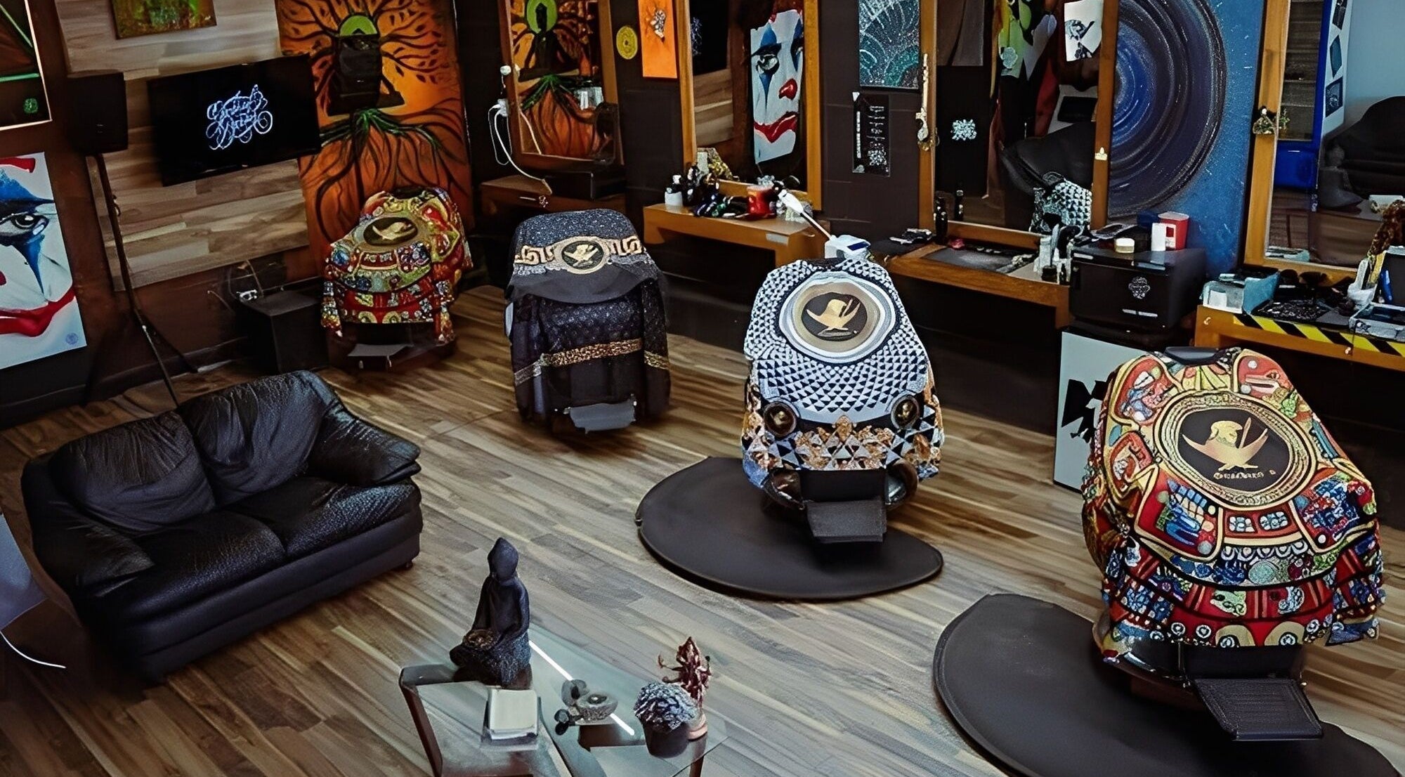 Interior vibrante de Gabriel Barbershop en Chihuahua, Chihuahua, MX, con sillas decorativas y un ambiente acogedor.