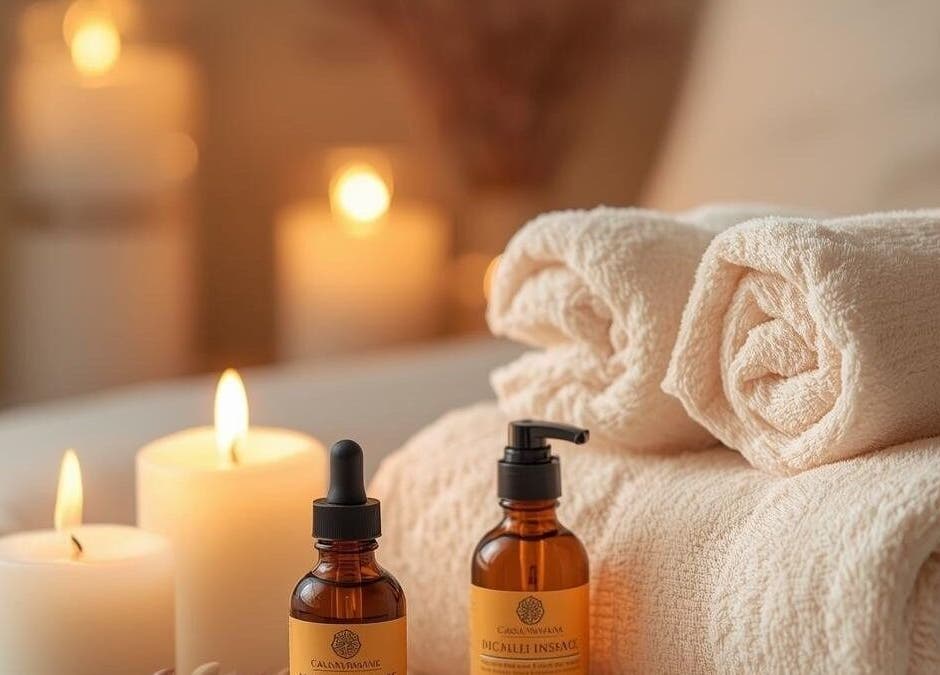 Relaxing spa setup at Casa Nirwana Spa at Home in Bengaluru, Karnataka, IN with candles and essential oils.