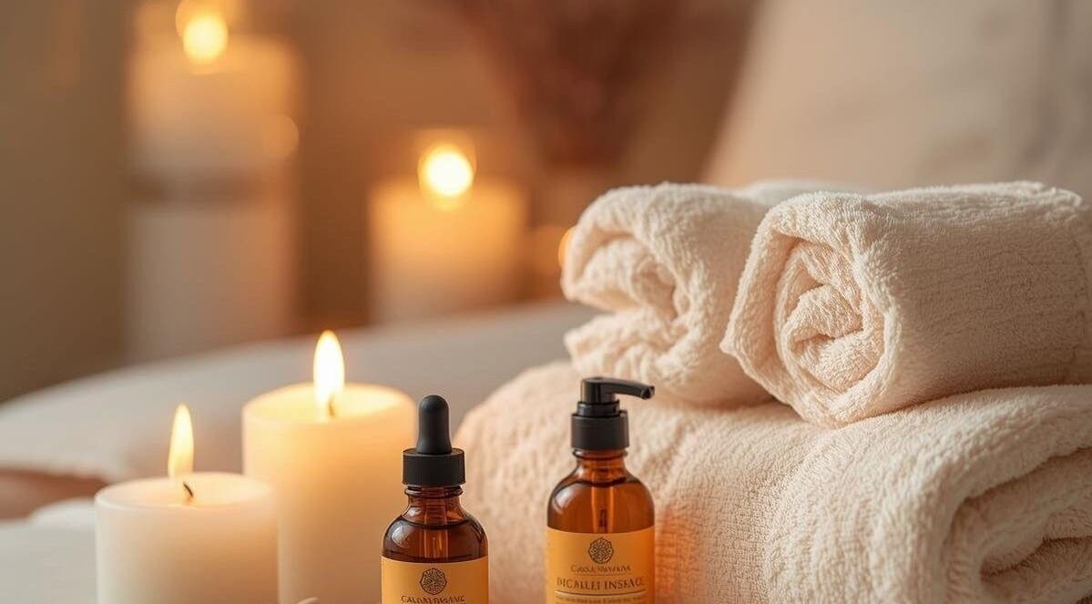 Relaxing spa setup at Casa Nirwana Spa at Home in Bengaluru, Karnataka, IN with candles and essential oils.
