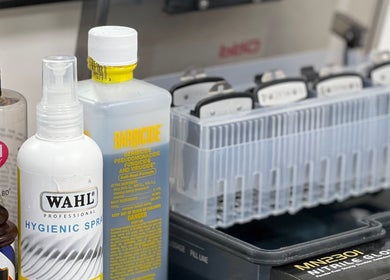 Professional hair care products at AZFADES- PRIVATE STUDIO in London, England, GB, showcasing tools and hygiene items.