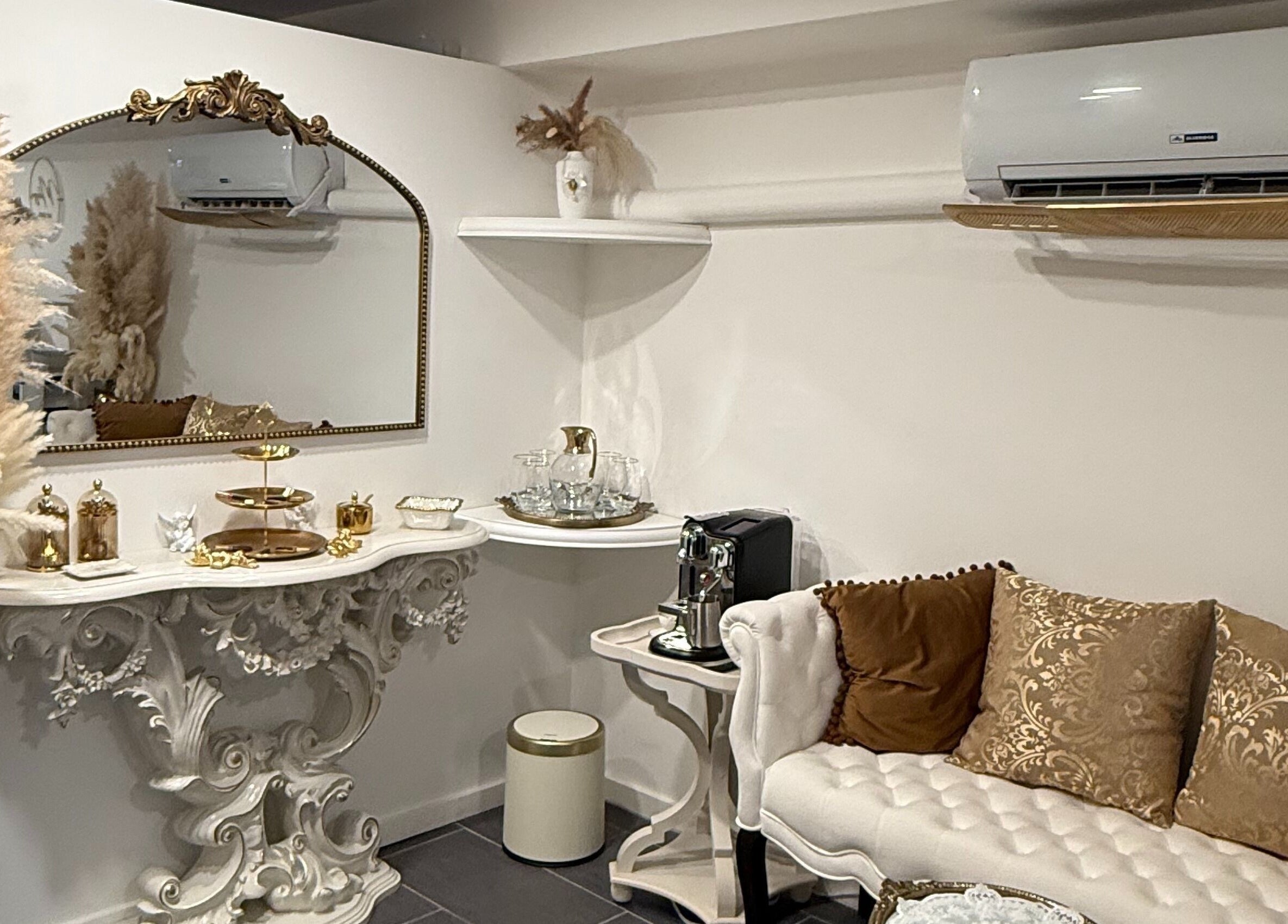 Luxurious lounge at Spa Maluge in Hoboken, New Jersey, US, featuring elegant decor and cozy seating.