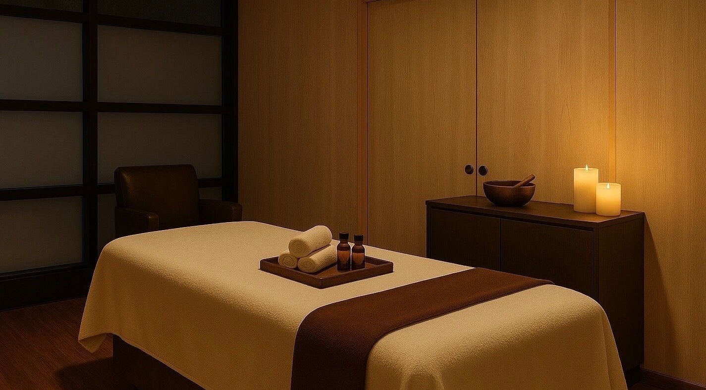 Rustgevende massagekamer bij MŪRAV - Wellness Experience Van der Valk Schiphol, Hoofddorp, Noord-holland, NL.