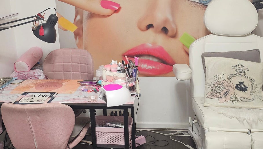 Chic Lash & Nails interior showcasing vibrant nail station in Harlow, England, GB.