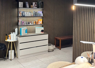 Elegant interior of Violet Nails Salon By Vi At Allertons Leeds, showcasing modern decor in Leeds, England, GB.