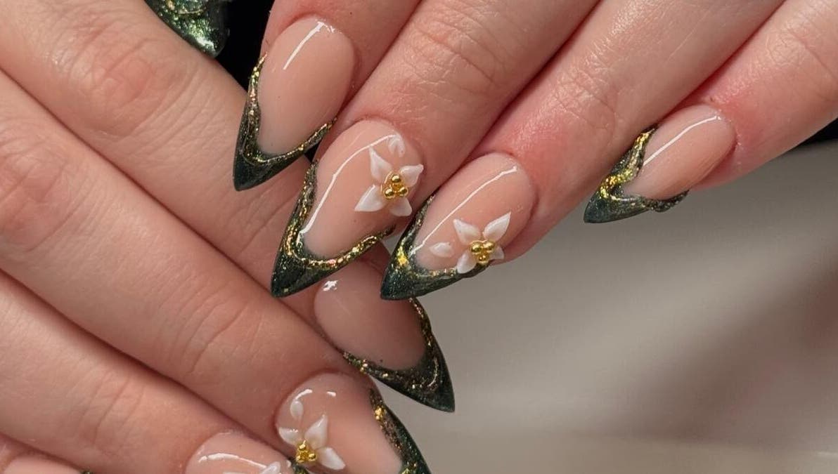 Elegant nail art with floral design at Madison - Beauty Studio, Poole, England, GB.