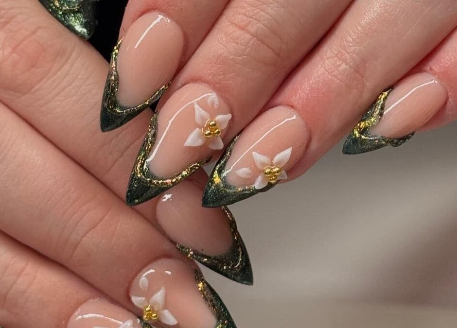 Elegant nail art with floral design at Madison - Beauty Studio, Poole, England, GB.