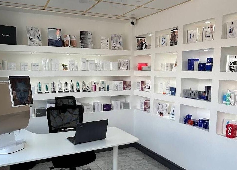 Modern product display at RQ Aesthetics, Armthorpe, England, GB showcasing elegant skincare items.