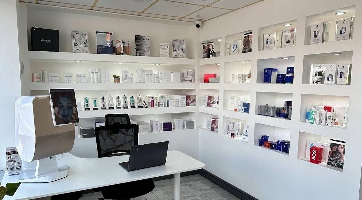 Modern product display at RQ Aesthetics, Armthorpe, England, GB showcasing elegant skincare items.