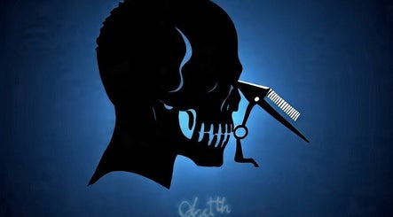 Artistic skull with scissors by 21st Street Cutz, Singapore, Singapore, SG. Unique salon branding.
