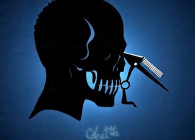 Artistic skull with scissors at 21st Street Cutz, Singapore, Singapore, SG, showcasing edgy design.