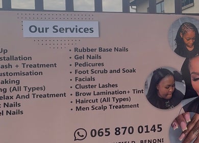 Service menu at The Masq Salon in Benoni, Gauteng, ZA showcasing beauty and wellness options.