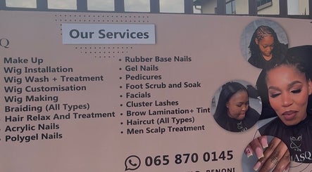 Service menu at The Masq Salon in Benoni, Gauteng, ZA showcasing beauty and wellness options.