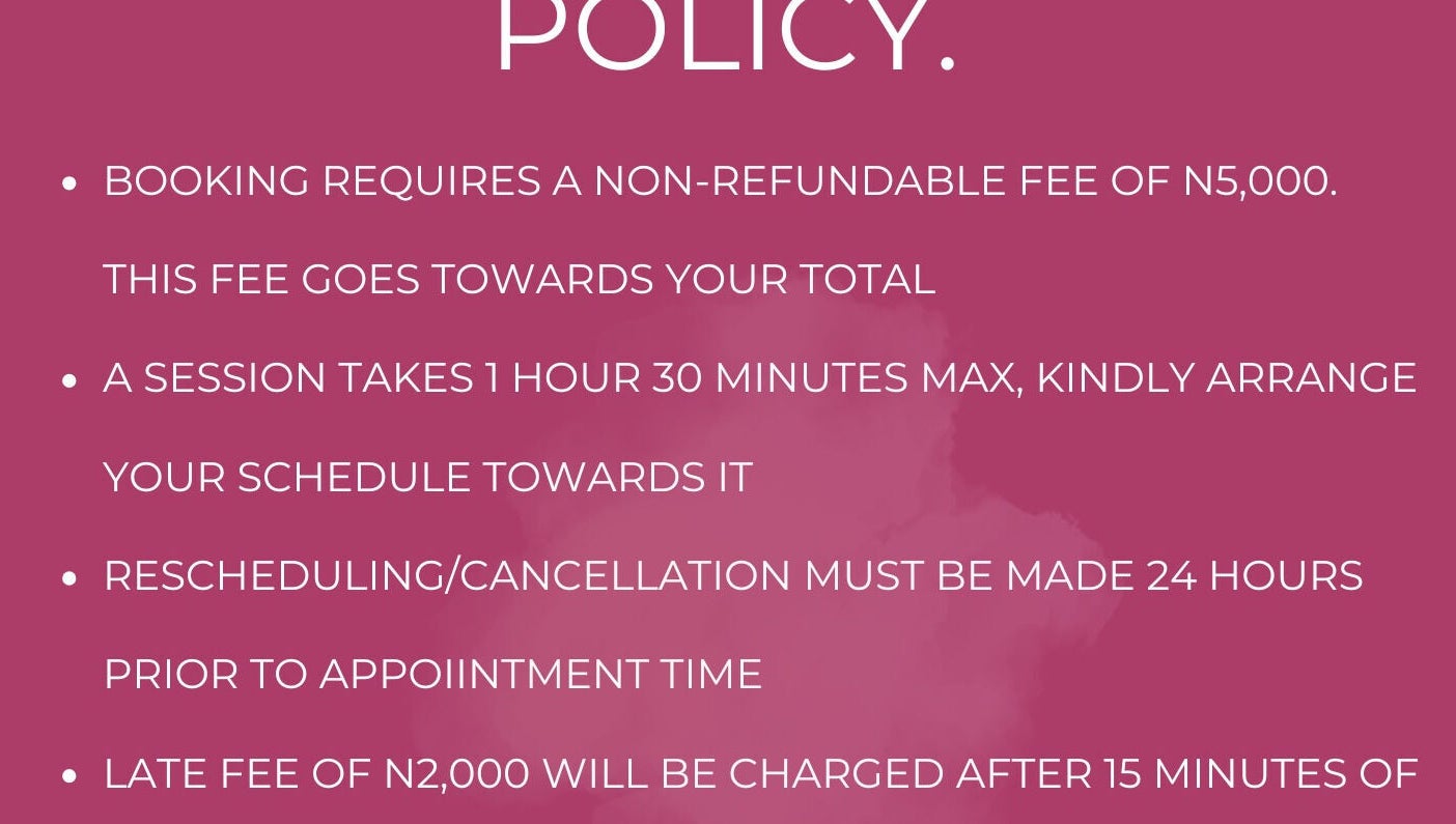 Booking policy at Mink’d Nail Bar, Ibadan, Oyo, NG highlights session time and cancellation details.