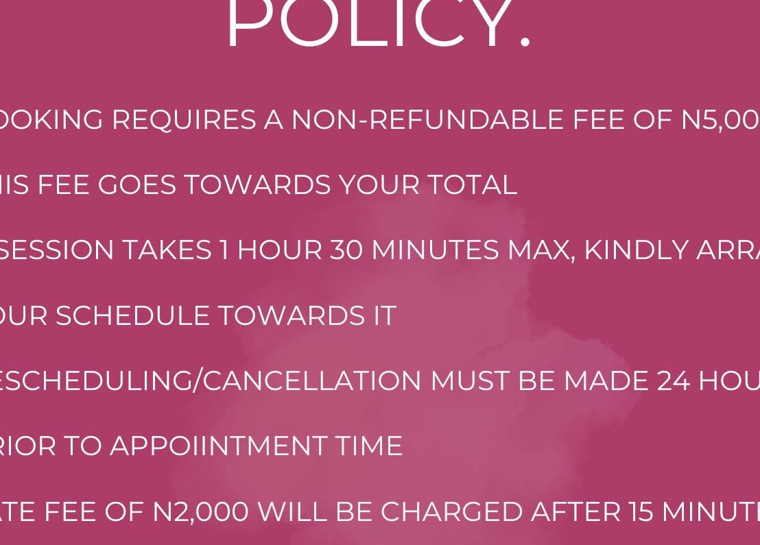 Booking policy at Mink’d Nail Bar, Ibadan, Oyo, NG highlights session time and cancellation details.