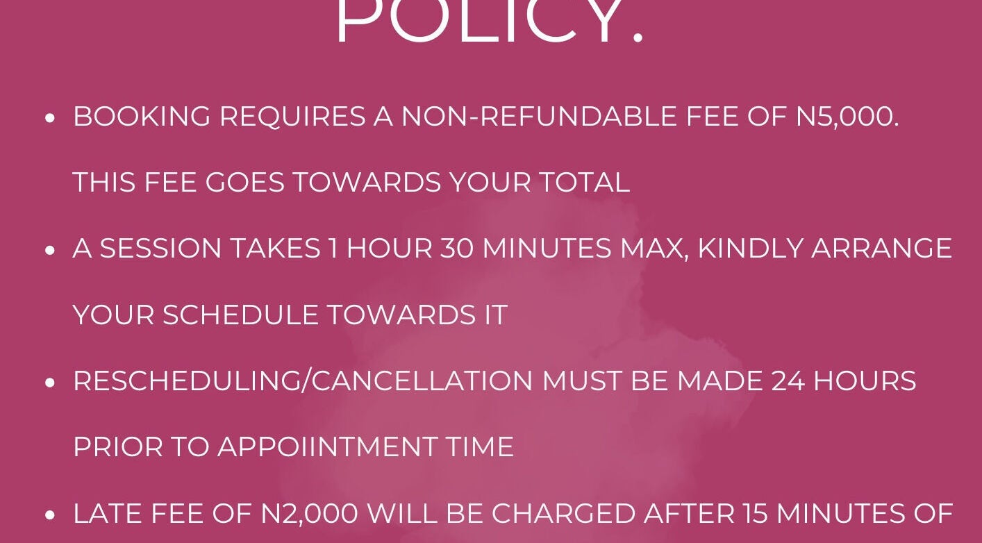 Booking policy at Mink’d Nail Bar, Ibadan, Oyo, NG highlights session time and cancellation details.