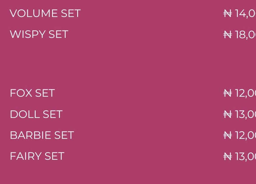 Pricing menu at Mink’d Nail Bar, Ibadan, Oyo, NG, featuring various nail set options.