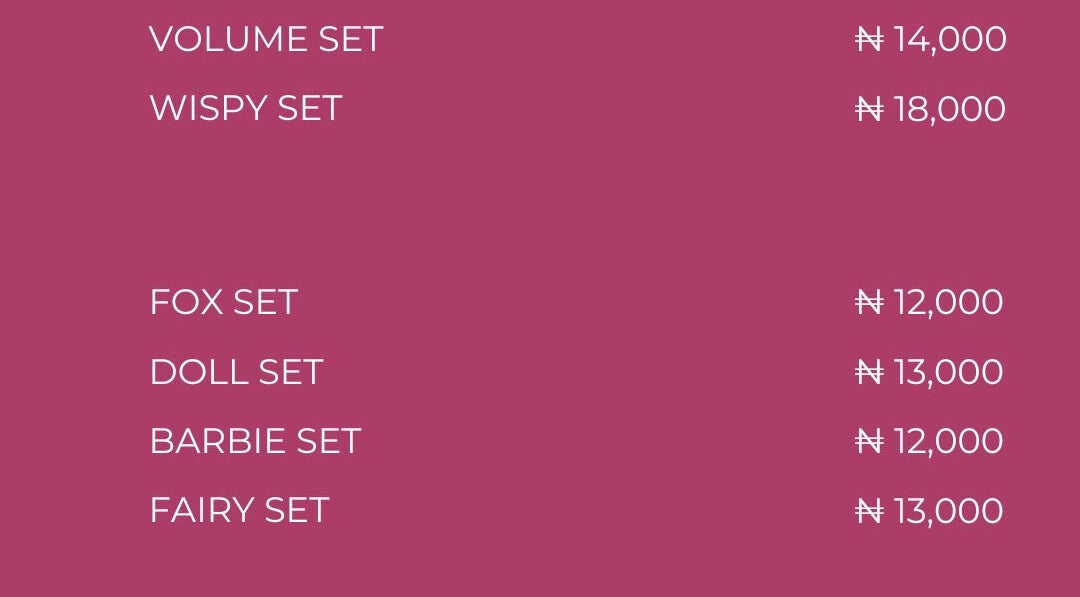 Pricing menu at Mink’d Nail Bar, Ibadan, Oyo, NG, featuring various nail set options.