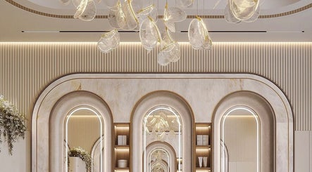 Luxurious interior archway at Laviish Luxe Beauty, Houston, Texas, US with elegant lighting and decor.