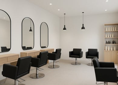 Contemporary salon chairs and mirrors at RawLockerz, Fort Lauderdale, Florida, US.