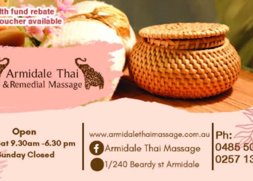 Advertisement for Armidale Thai & Remedial Massage, Armidale, New South Wales, AU with woven basket and contact info.