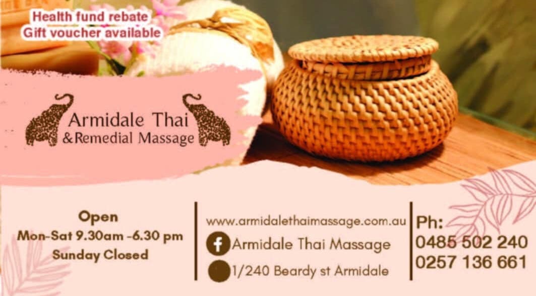 Advertisement for Armidale Thai & Remedial Massage, Armidale, New South Wales, AU with woven basket and contact info.
